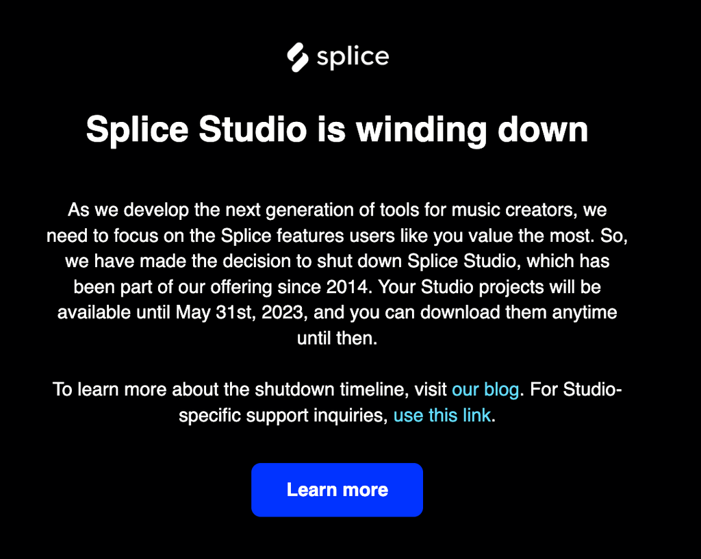 Splice Studio Shutting Down Forever?